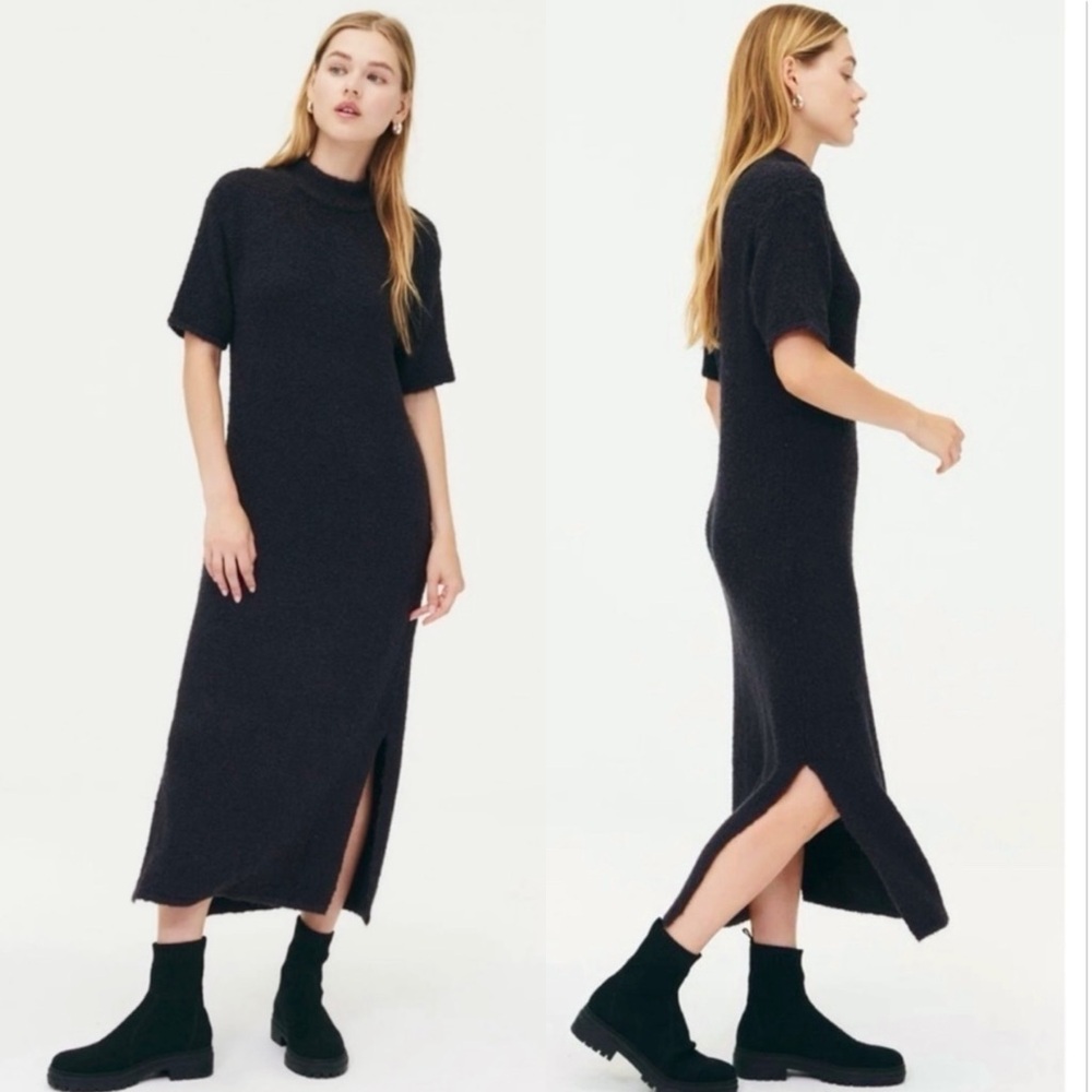 NAADAM Luxe Boucle Knit Mock Neck Midi Dress Black / Steel Gray Size Medium